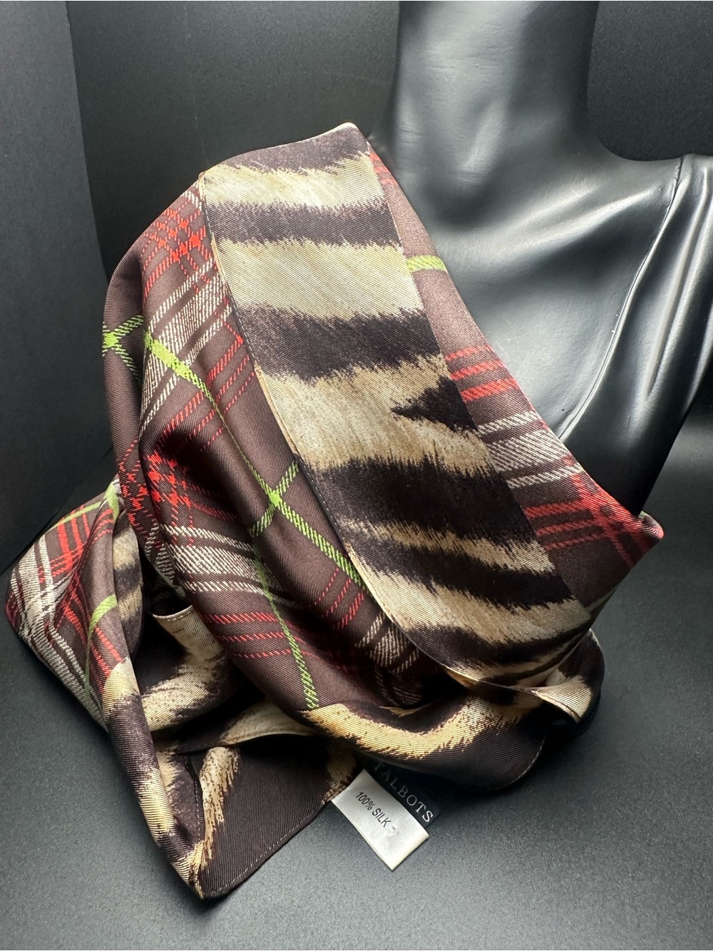 Talbots Silk Wrap — Reversible Striped & Tartan Plaid, Cream & Burgundy